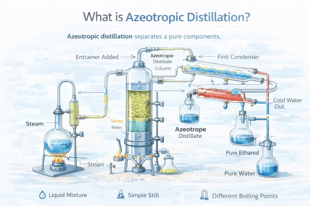Azeotropic distillation process diagram showing entrainer addition, distillation column, condensers, and separation of ethanol and water mixture