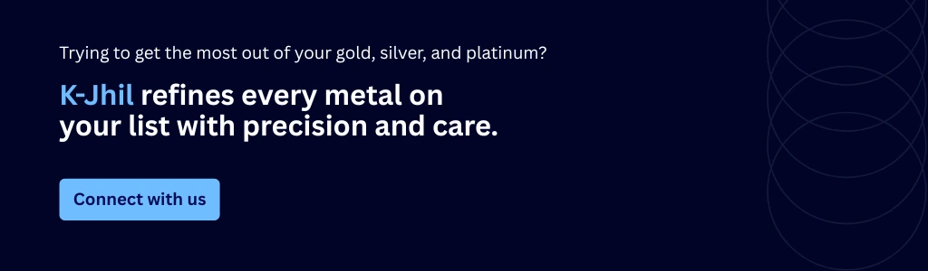 K-Jhil blog CTA banner offering precision refining solutions for gold, silver, and platinum, featuring a Connect with us button.