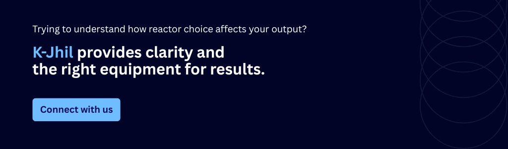K-Jhil blog CTA banner offering expert guidance and the right equipment to understand how reactor choice affects output, featuring a Connect with us button.