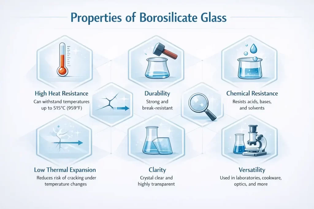 Borosilicate glass properties including high heat resistance, low thermal expansion, chemical resistance, clarity, and durability for lab and industrial applications