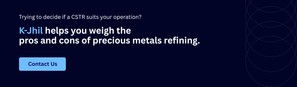 K-Jhil blog CTA banner helping businesses weigh the pros and cons of using a CSTR for precious metals refining operations, featuring a Contact Us button.