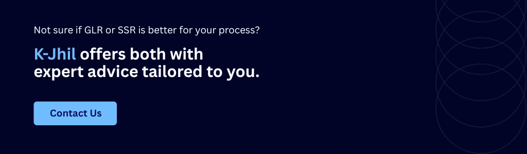 K-Jhil blog CTA banner offering expert advice to help you choose between GLR and SSR for your industrial process, featuring a Contact Us button.