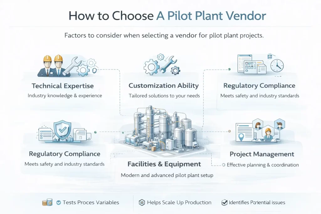 Infographic showing key factors for selecting a pilot plant vendor such as technical expertise, customization ability, regulatory compliance, facilities, and project management.