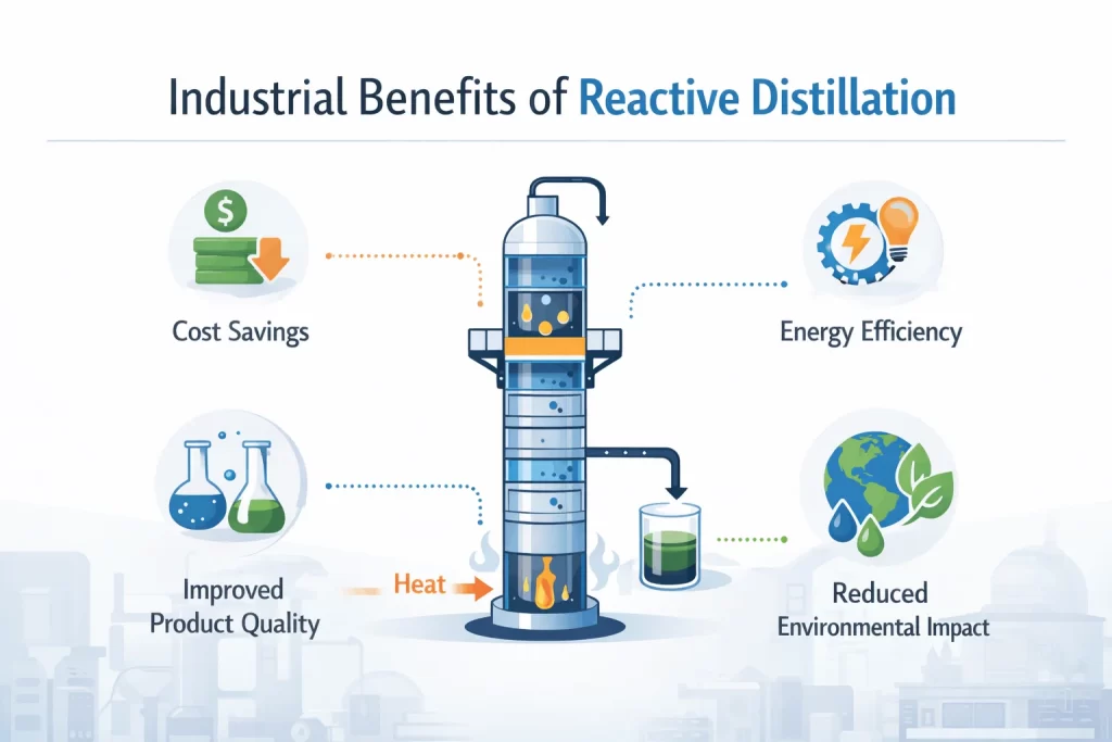 Industrial benefits of reactive distillation including cost savings, energy efficiency, improved product quality and reduced environmental impact