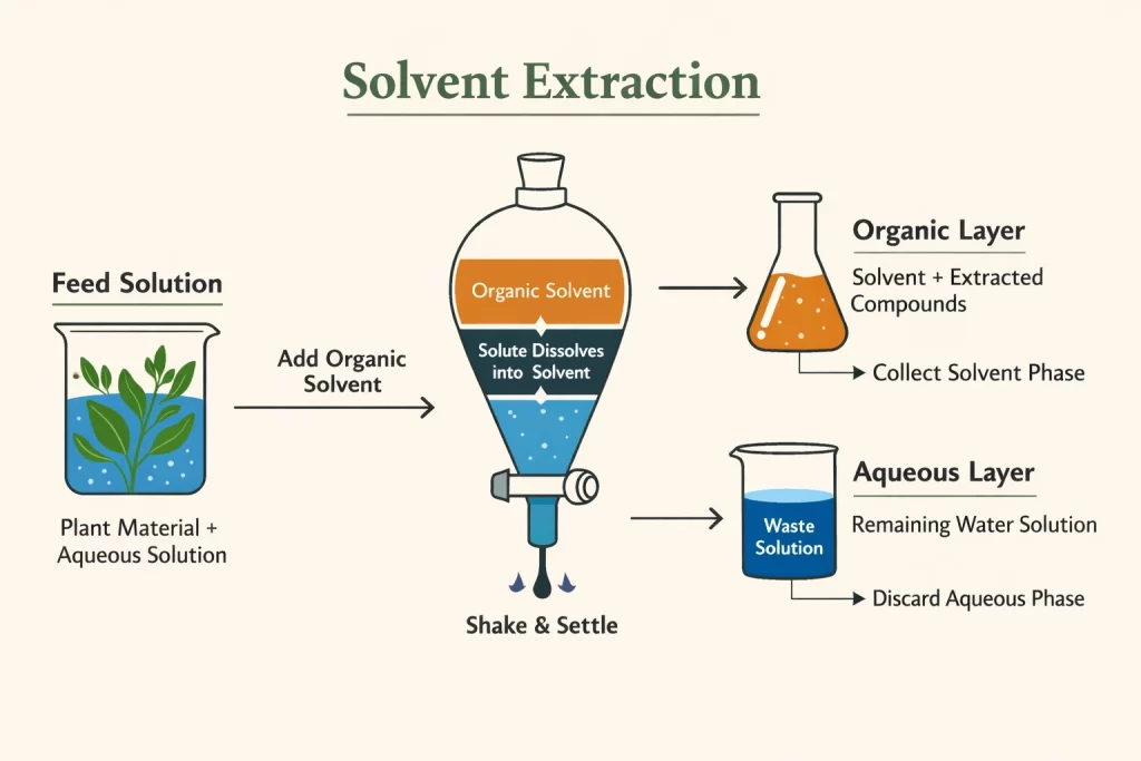 scientific diagram explaining solvent extraction, featuring a separatory funnel where an organic solvent is added to a feed solution