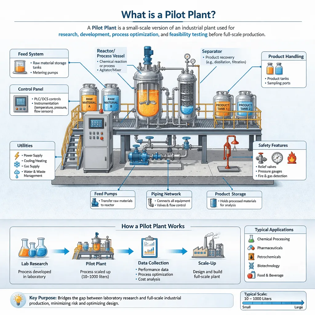 Detailed diagram explaining what a pilot plant is, including feed system, reactor vessel, separator, control panel, utilities, and industrial scale-up process.
