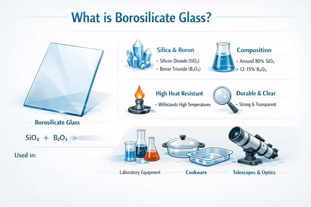 Infographic explaining borosilicate glass composition including silica and boron, its heat resistance, durability, and common uses in laboratory equipment and cookware