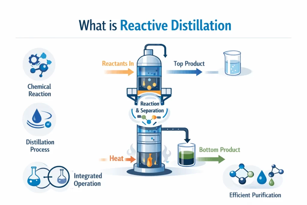 Reactive distillation process diagram showing integrated chemical reaction and distillation column with top and bottom product separation