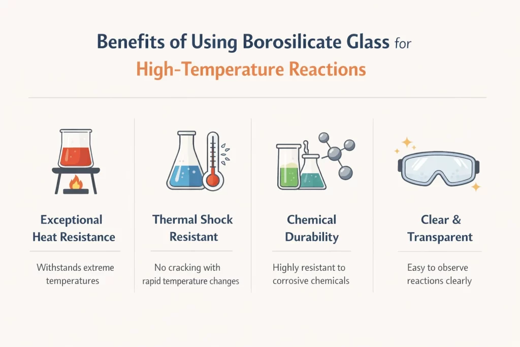 Infographic showing benefits of borosilicate glass such as thermal shock resistance, chemical durability and high temperature performance