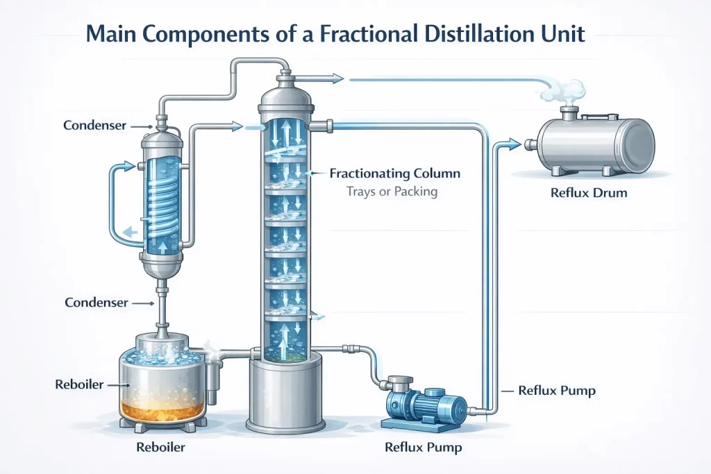 Diagram showing main components of a fractional distillation unit including column trays, condenser, reboiler and reflux drum