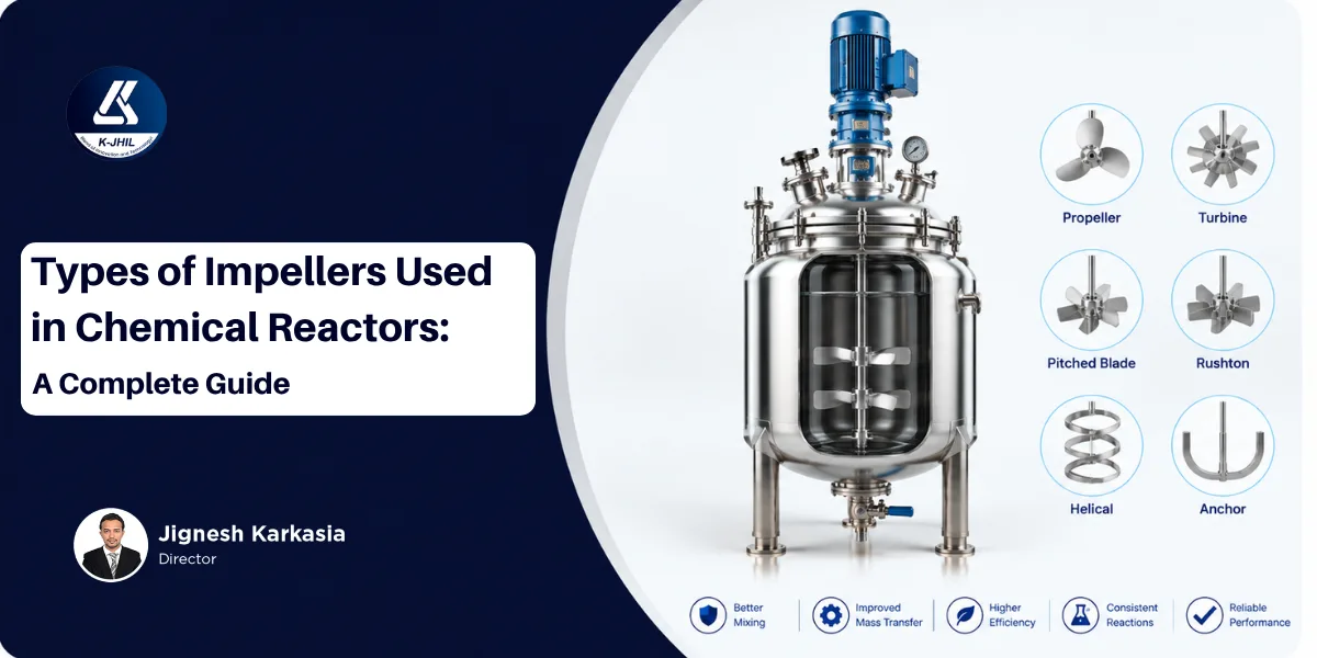 Types of impellers used in chemical reactors including propeller, turbine, pitched blade, Rushton, helical and anchor